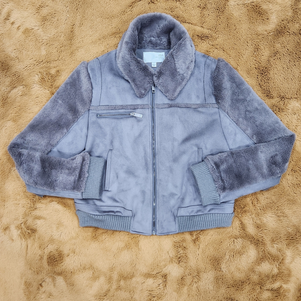 J.O.A. Womens (L), Faux Fur Dark Gray Bomber Jacket